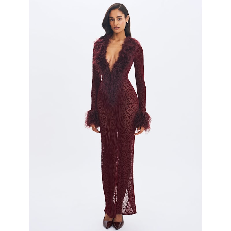 Thumbnail of Luana Burgundy Plunging Fur Trimmed Crochet Maxi Dress image