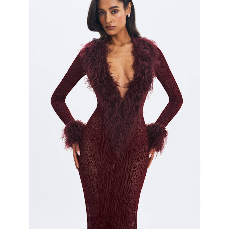 Thumbnail of Luana Burgundy Plunging Fur Trimmed Crochet Maxi Dress image