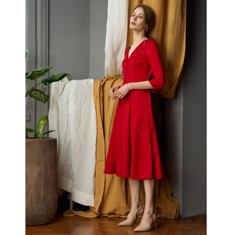 Lucienne Fit And Flare Midi Dress In Red Noria Anis Wolf Badger