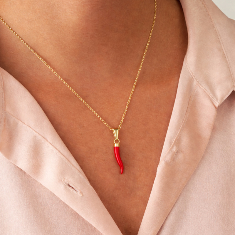 Thumbnail of Lucky Horn Necklace In Natural Red Coral,  Sterling Silver & Gold Vermeil image