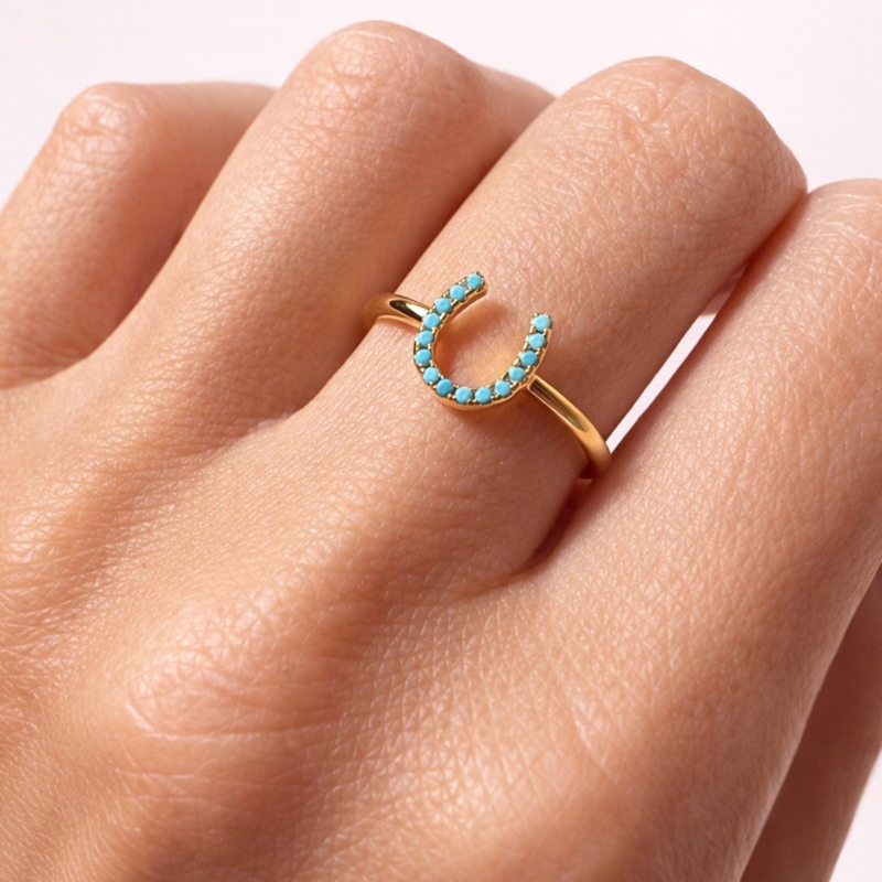 Thumbnail of Lucky Horseshoe Ring- Gold + Turquoise image