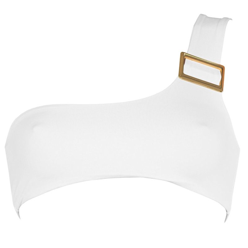 Thumbnail of Dulcet Double Layered One-Shoulder Bikini Top With Golden Buckle In White image