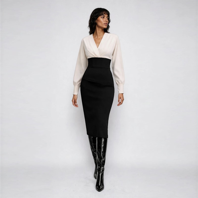 fitted pencil skirt dress elegant pencil skirt dress - solid color round neck short/medium length  skirt, medium office to semi-formal wear, spring/autumn dress in neutral  tones (beige/navy/black), machine washable & versatile for blouses/dresses