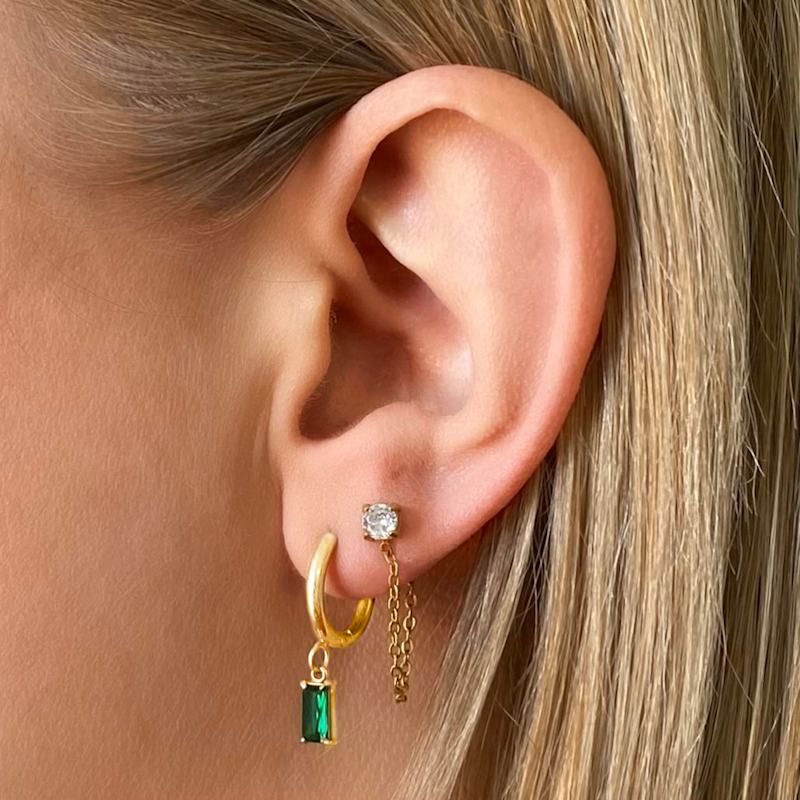 Thumbnail of Luxe Gold Emerald Drop Huggie Hoop Earrings image