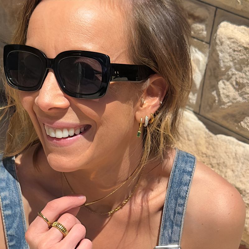 Thumbnail of Luxe Gold Emerald Drop Huggie Hoop Earrings image