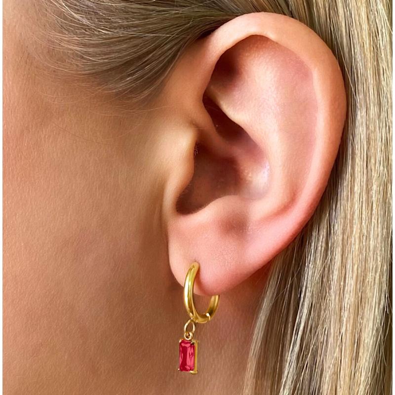 Thumbnail of Luxe Gold Garnet Drop Huggie Earrings image