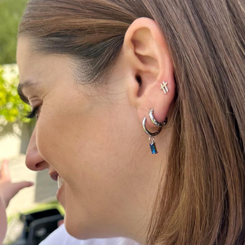 Thumbnail of Luxe Silver Sapphire Drop Huggie Earrings image