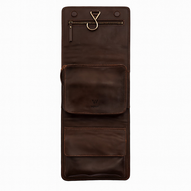 Thumbnail of Luxury Leather Mens Hanging Wash Bag - Brown image