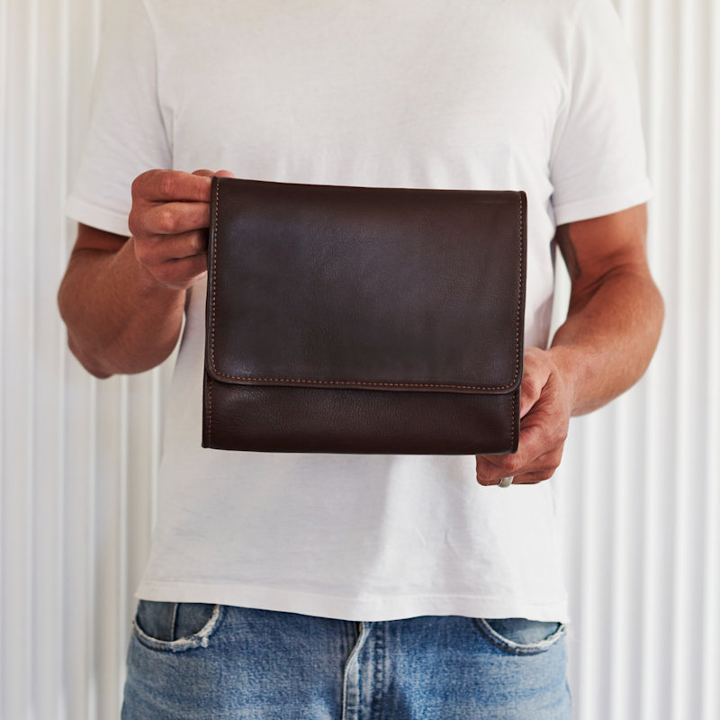 Thumbnail of Luxury Leather Mens Hanging Wash Bag - Brown image