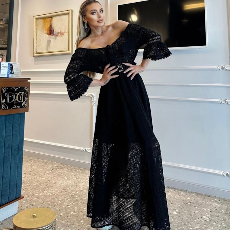 Luxury Long Black Lace Maxi Dress – Cotton Lace Evening Gown With