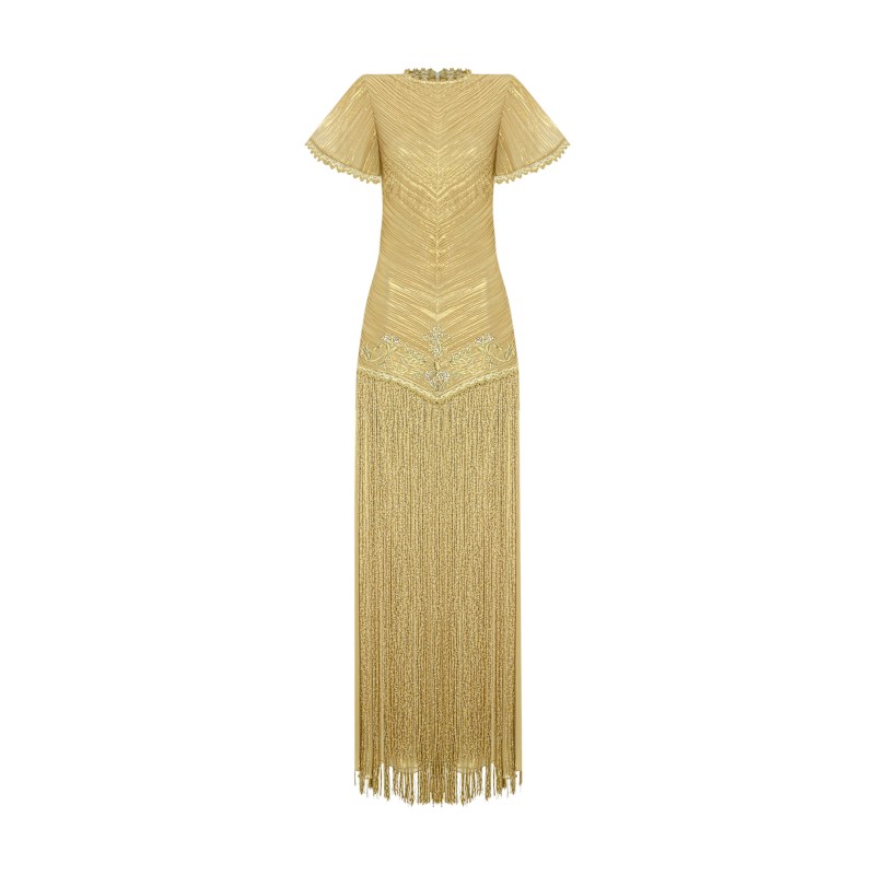 slim fit dress slacks Rose Gold Sequin Maxi Dress With Gold Detail