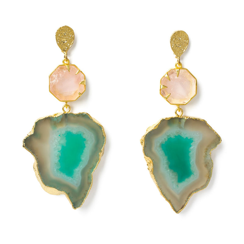 Thumbnail of 'Hold On' Rose Quartz Green Agate Gemstone Statement Earrings image