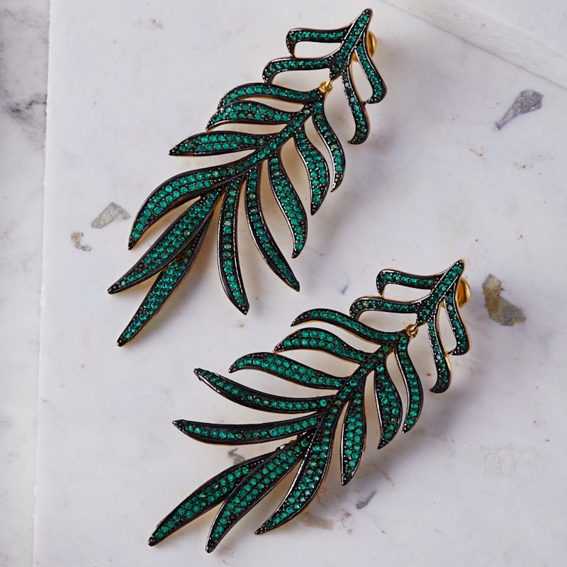 Thumbnail of Feathered Leaf Statement Drop Earrings Green Cz image