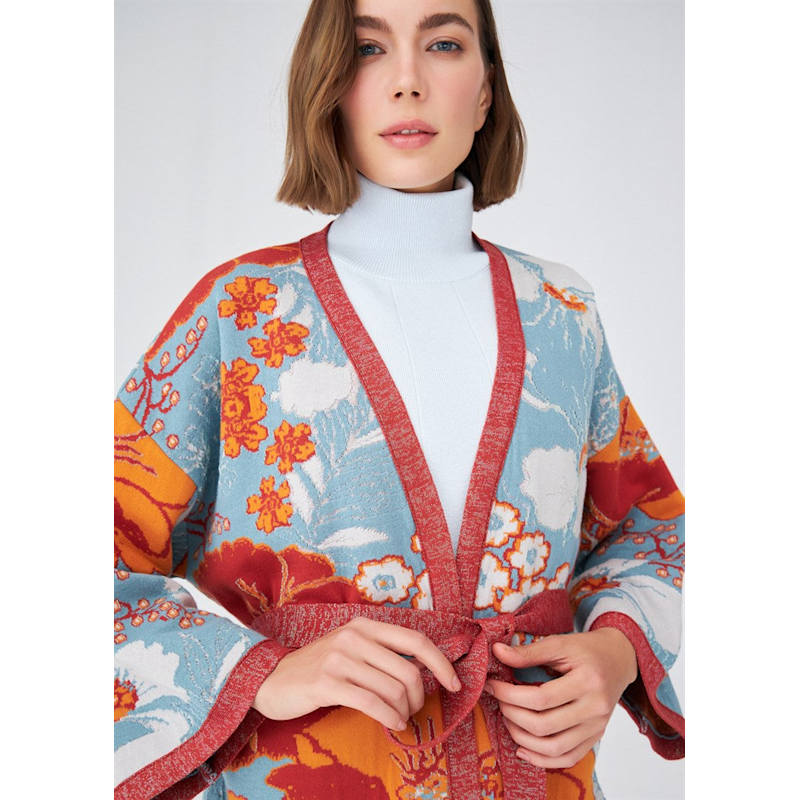Floral Pattern Shimmer Detailed Short Knit Kimono - Orange