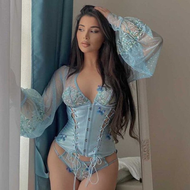 Thumbnail of Madame X Blue Lace Butterfly Corset With Butterfly Detail image