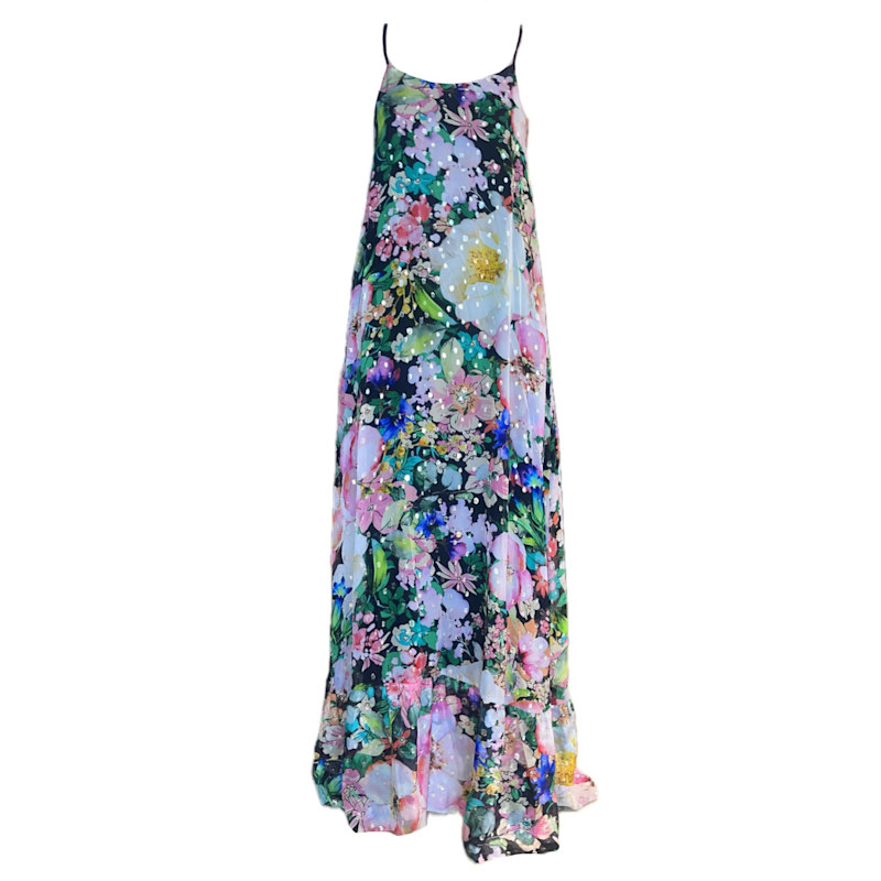 Women's Black Madeira Viscose Lurex A-Line Maxi Dress - Secret Garden | Large | Introvertie Vienna