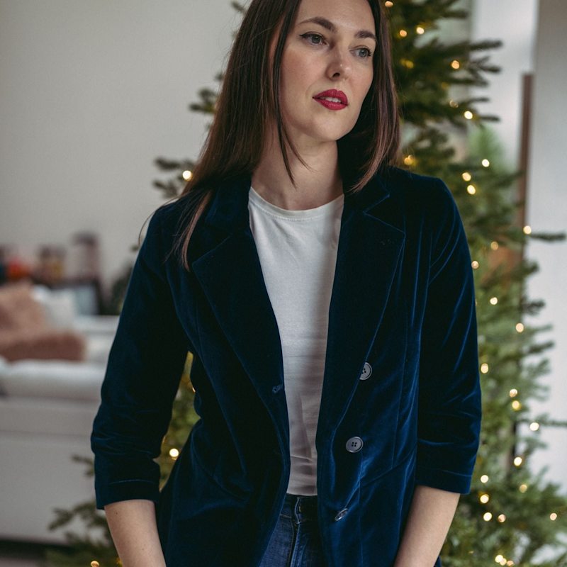 Thumbnail of Maggie Longline Tailored Velvet Blazer In Navy image