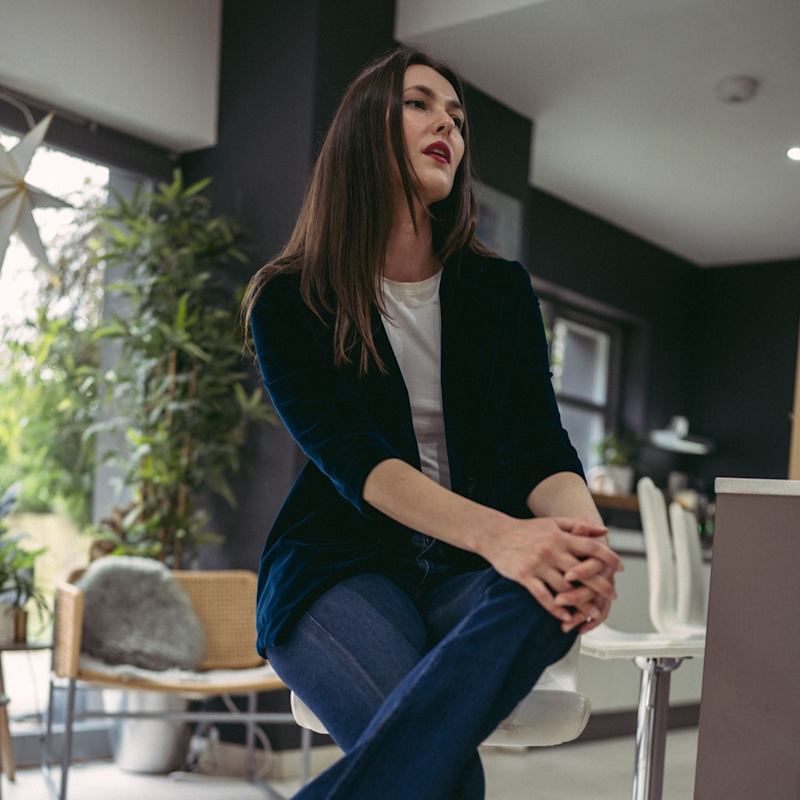Thumbnail of Maggie Longline Tailored Velvet Blazer In Navy image