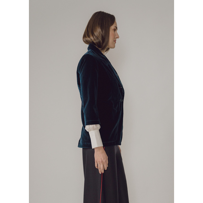 Thumbnail of Maggie Longline Tailored Velvet Blazer In Navy image