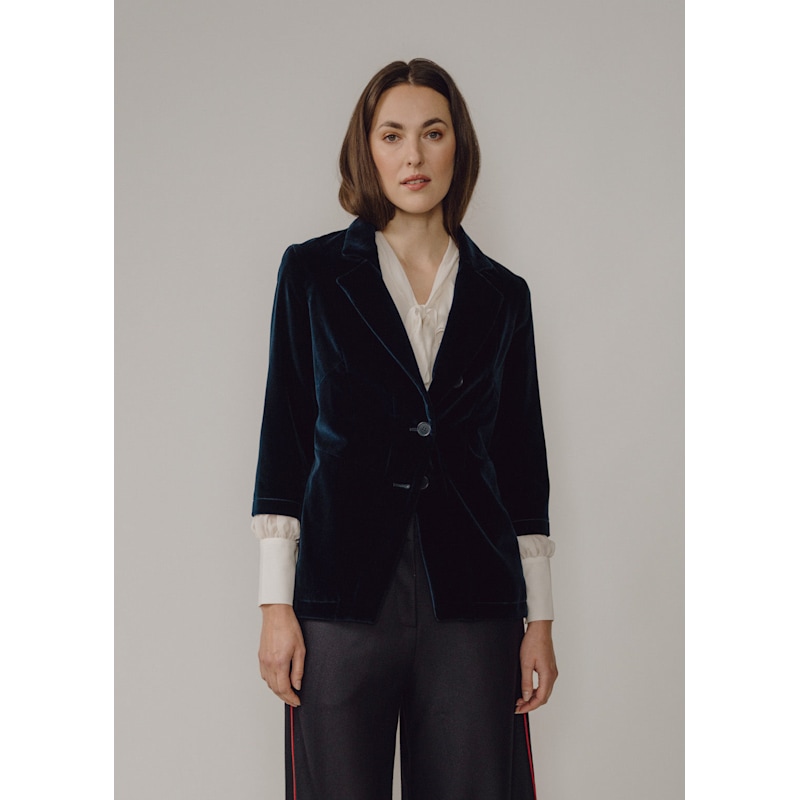 Thumbnail of Maggie Longline Tailored Velvet Blazer In Navy image