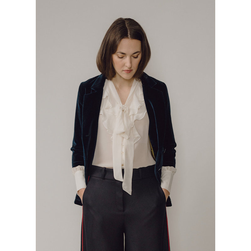 Thumbnail of Maggie Longline Tailored Velvet Blazer In Navy image