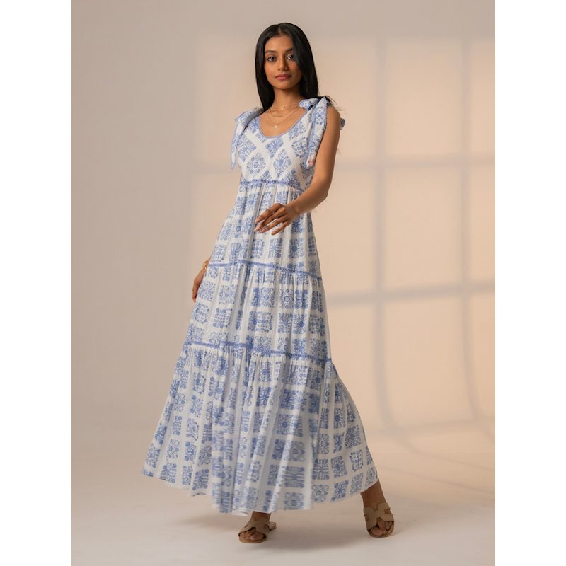Thumbnail of Maisy Blue White Printed Lace Trim Maxi Sun Dress image
