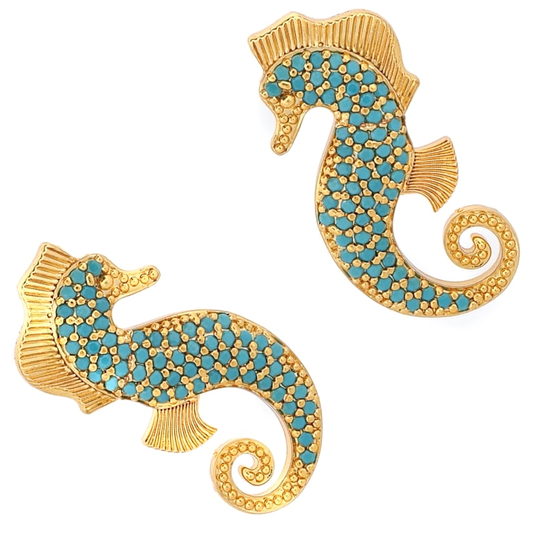 Thumbnail of Majestic Seahorse Gold & Turquoise Statement Studs - Turquoise image
