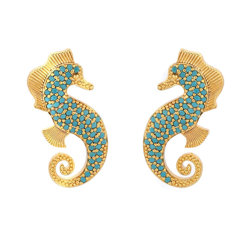 Thumbnail of Majestic Seahorse Gold & Turquoise Statement Studs - Turquoise image