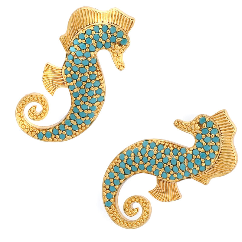 Thumbnail of Majestic Seahorse Gold & Turquoise Statement Studs - Turquoise image
