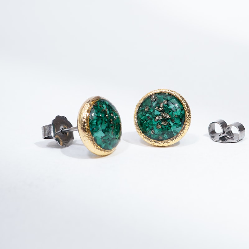 Thumbnail of Malachite Gold Stud Earrings — Round Green Stone Studs image
