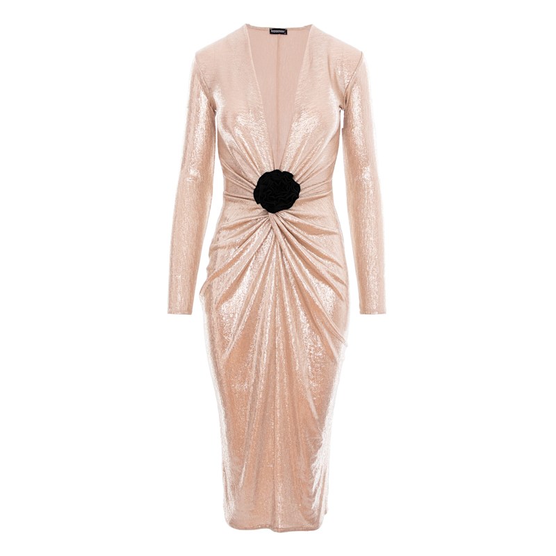 Thumbnail of Mallorca Knit Jersey Midi Dress With Fixed Rosette Detail In Gold image