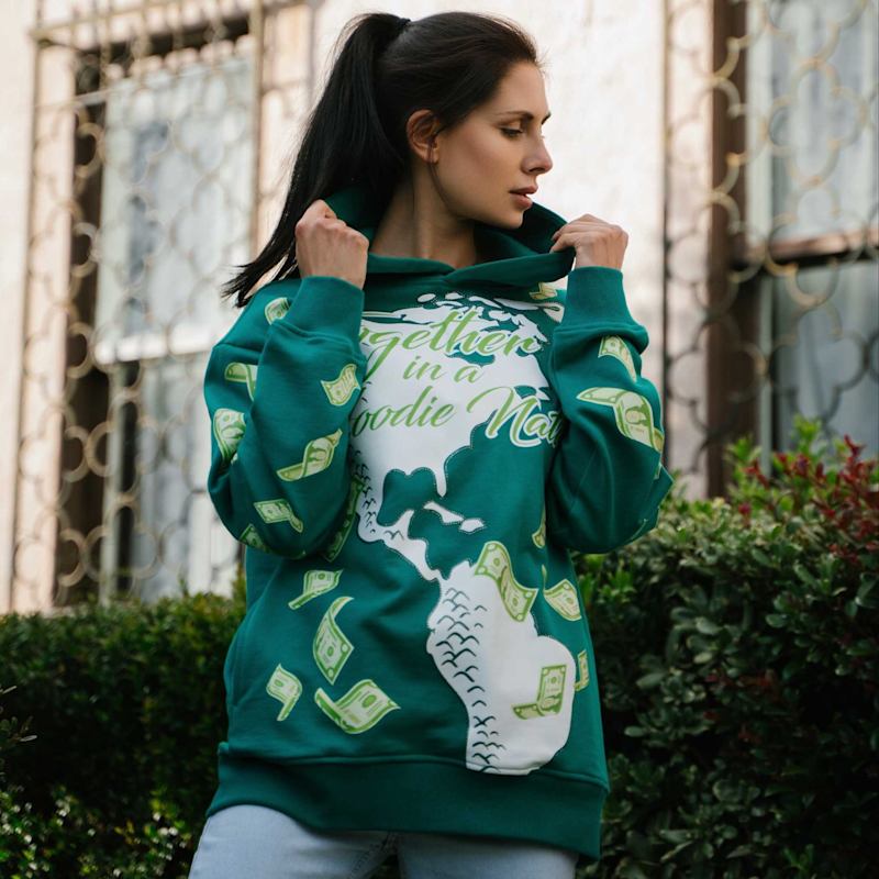 Manifestation Embroidered Hoodie With Rhinestone Design Green