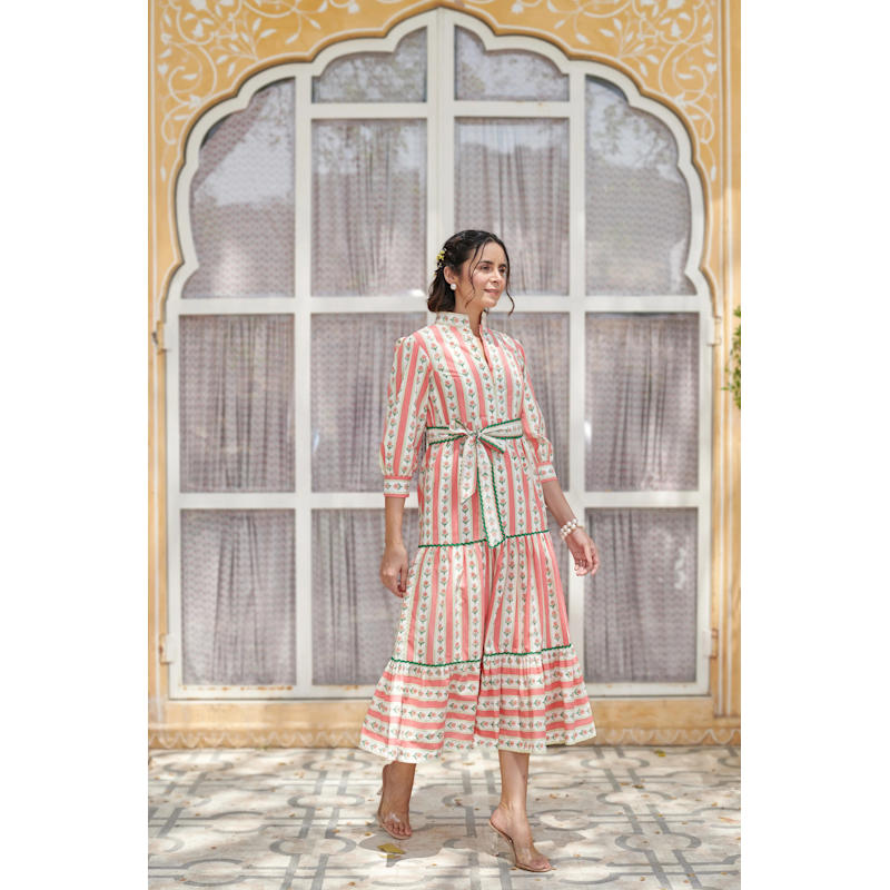 Thumbnail of Midi Dress  Pink Green Block Print Dress  Maple Dress image