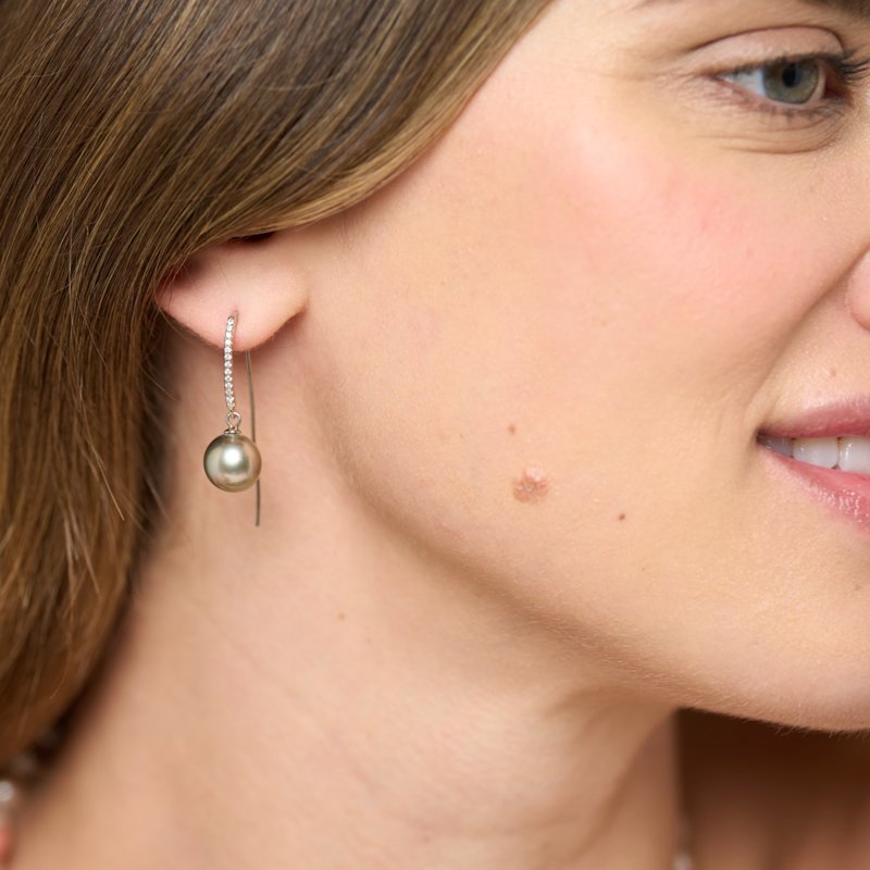 Thumbnail of Margarita Tahitian Cultured Pearl Drop Earrings On Long Pave Hooks image