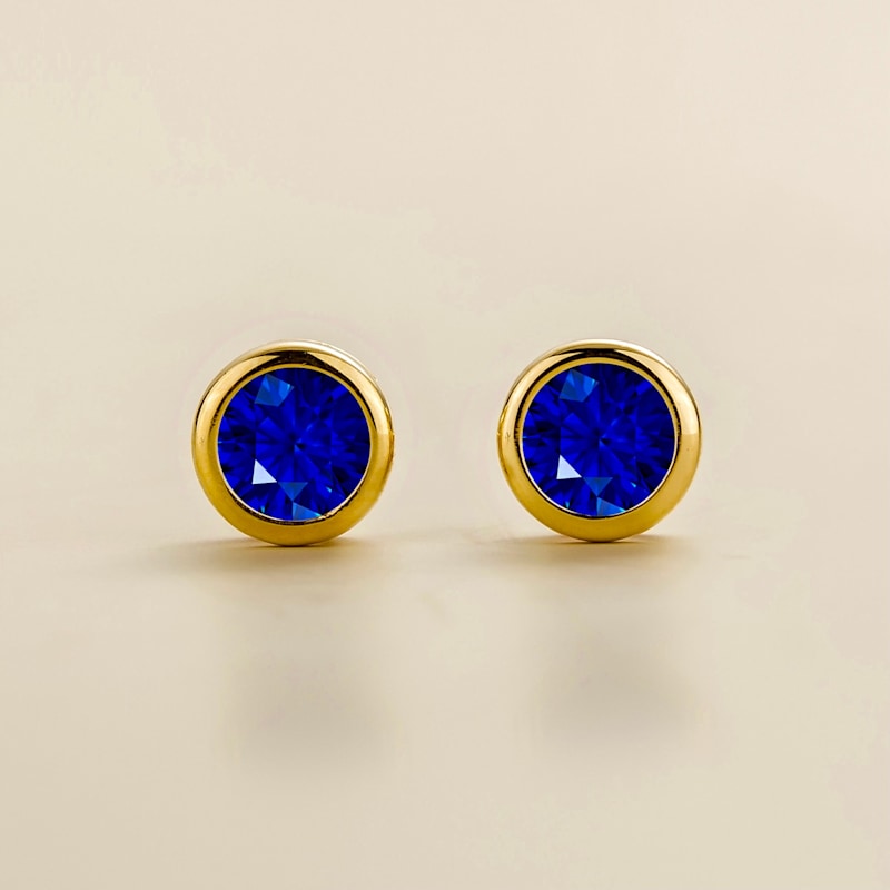 Thumbnail of Margo Blue Sapphire Round Bazel Set Gold Earrings image