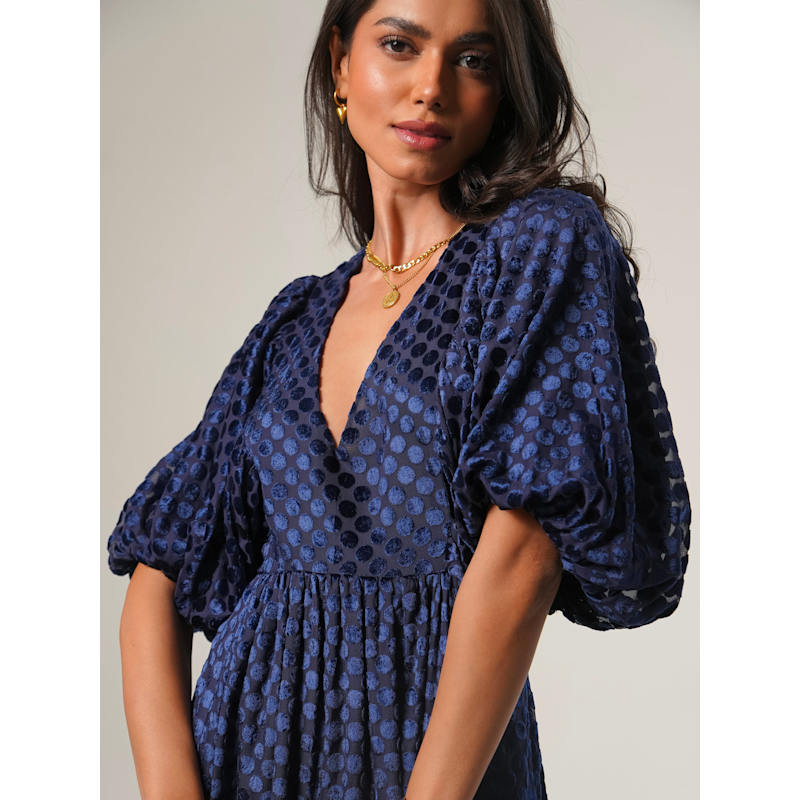 Thumbnail of Margot Navy Velvet Polka Dot Maxi Dress image