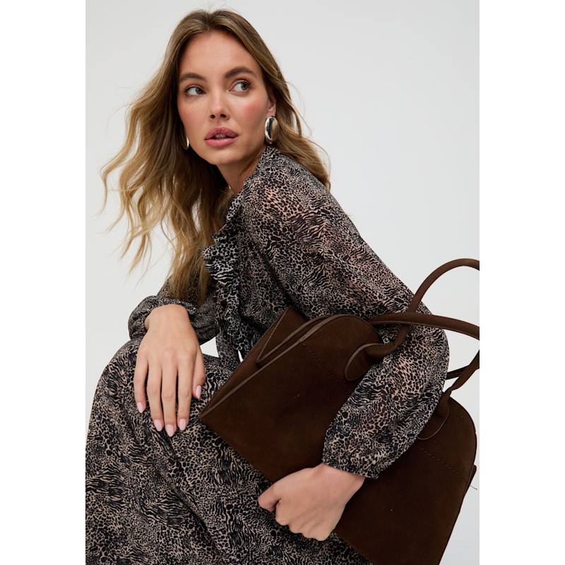 Thumbnail of Margot Ruffle Neck Mini Leopard Print Maxi Dress In Brown image