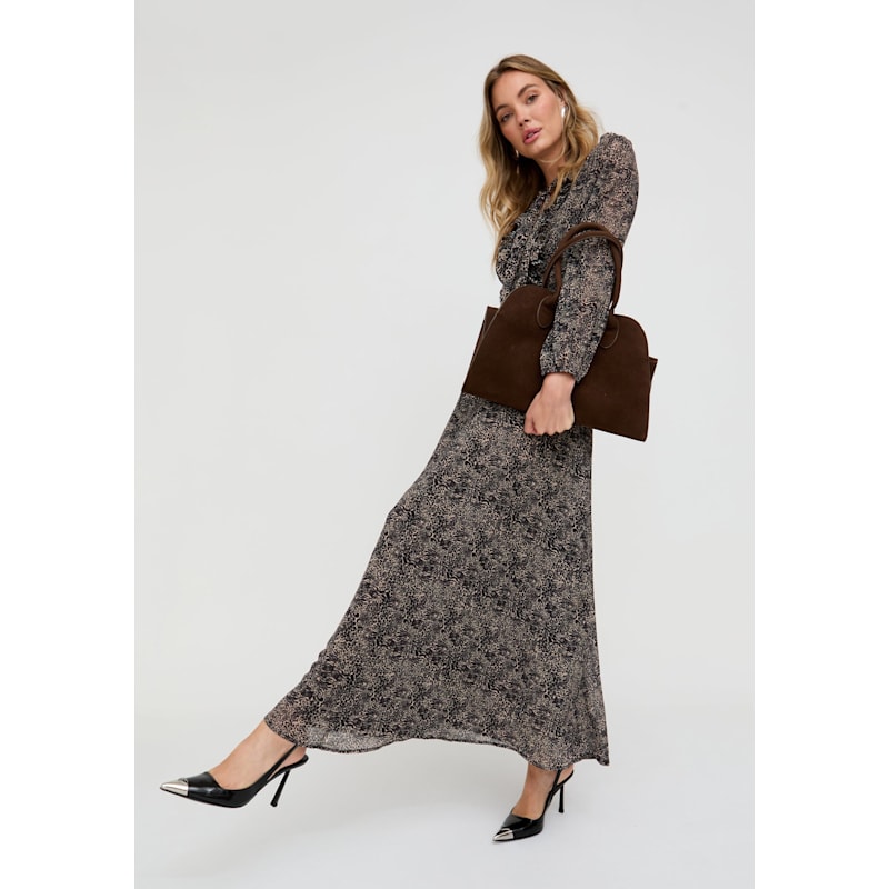 Thumbnail of Margot Ruffle Neck Mini Leopard Print Maxi Dress In Brown image