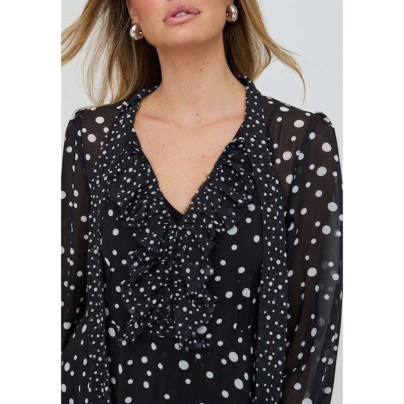 Thumbnail of Margot Ruffle Neck Spot Print Maxi Dress In Black image