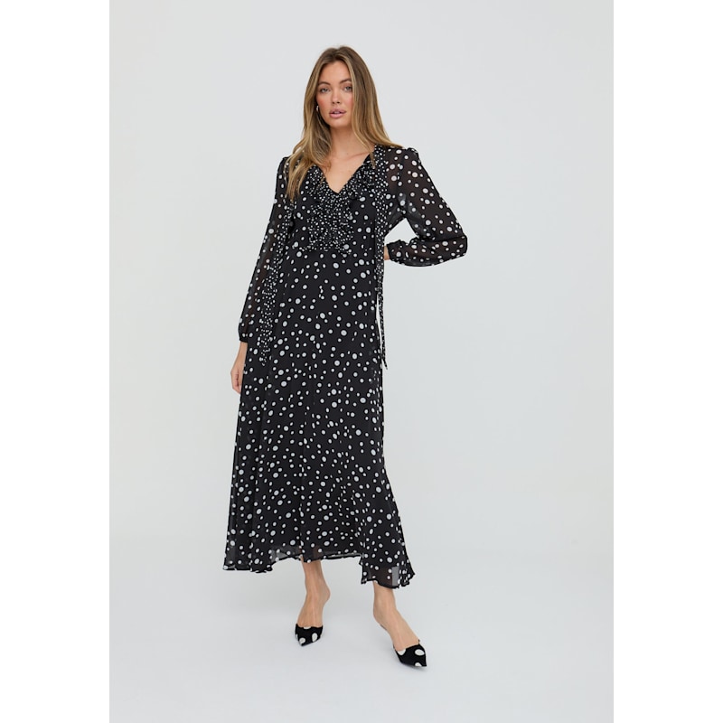 Thumbnail of Margot Ruffle Neck Spot Print Maxi Dress In Black image