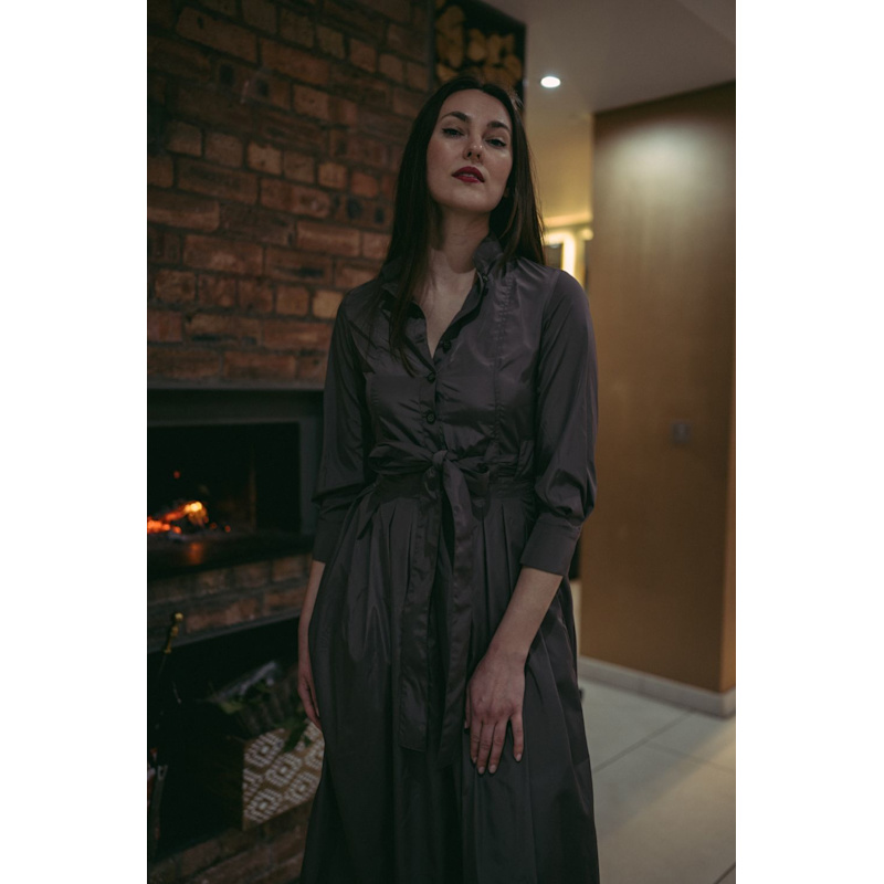 Thumbnail of Marina Dress Long Pleated Shirt Dress In Taupe image