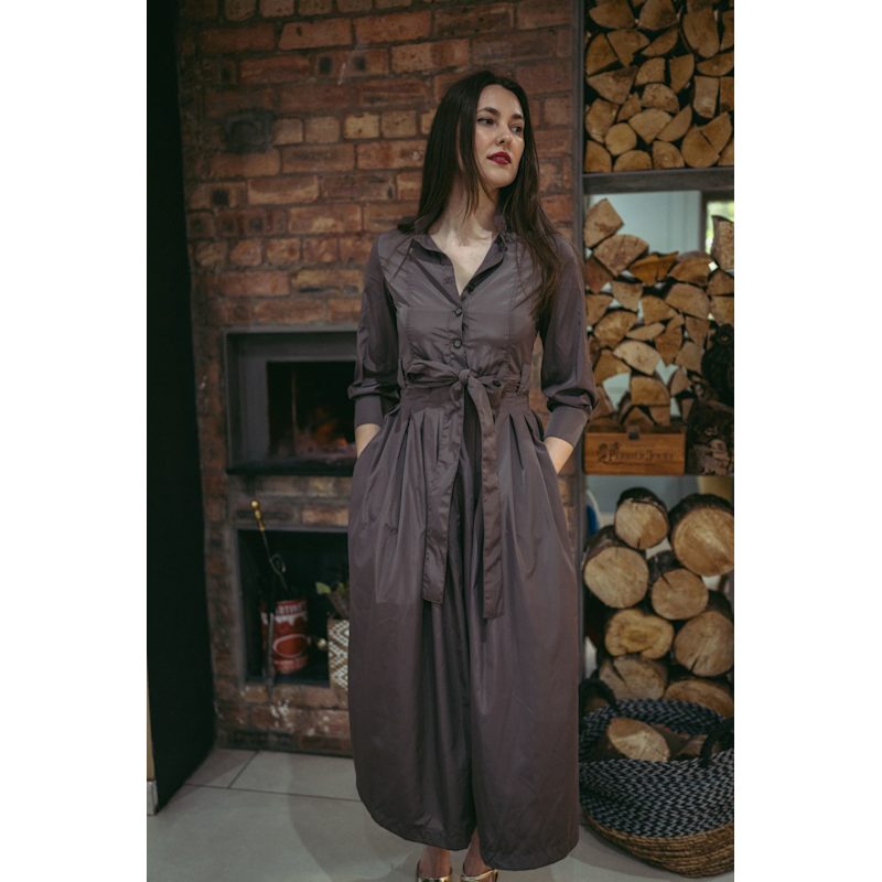 Thumbnail of Marina Dress Long Pleated Shirt Dress In Taupe image