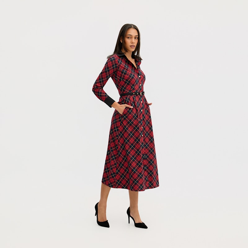 Why Mary Classic Tartan A-line Midi Dress - Black/red