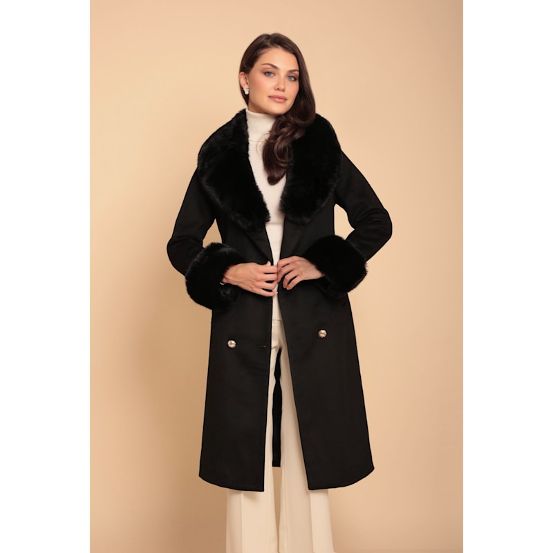Thumbnail of 'Marlene' 100% Cashmere & Wool Coat With Faux Fur In Nero image