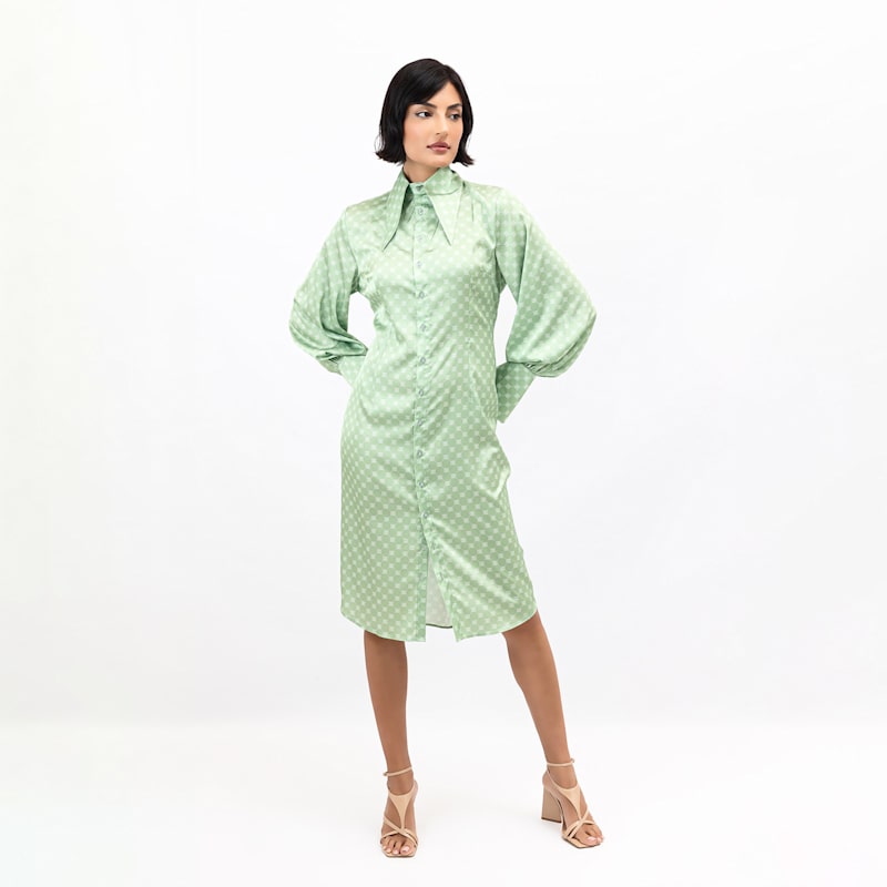 Matcha Latte Satin Long Sleeve Midi Shirt Dress With Buttons | Janara Jones  | Wolf & Badger