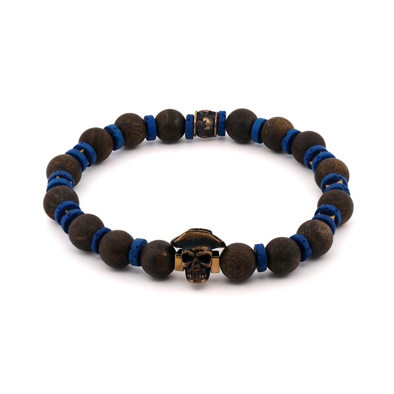 Thumbnail of Matte Bronzite Stone Skull Beaded  Bracelet - Blue image