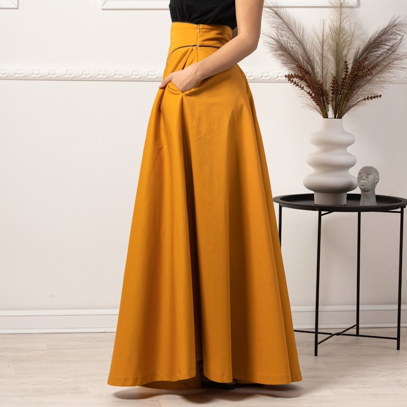 Thumbnail of Maxi A-Line Cotton Skirt With High Waist And Pockets In Deep Yellow image
