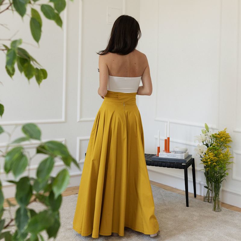 Thumbnail of Maxi Flared Cotton Skirt With Tie Belt In Yellow Color image