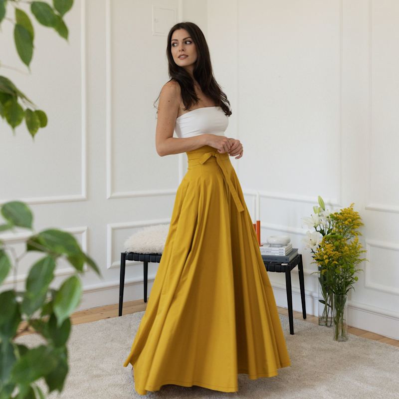 Thumbnail of Maxi Flared Cotton Skirt With Tie Belt In Yellow Color image