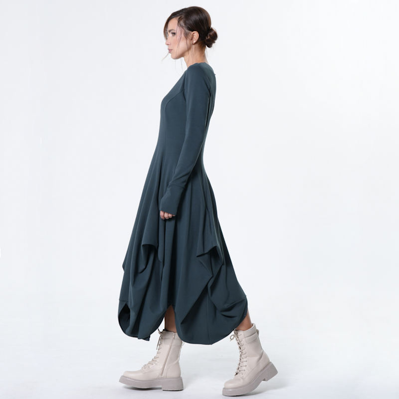 Thumbnail of Maxi Draped Dress With Thumbhole Sleeves In Petrol image